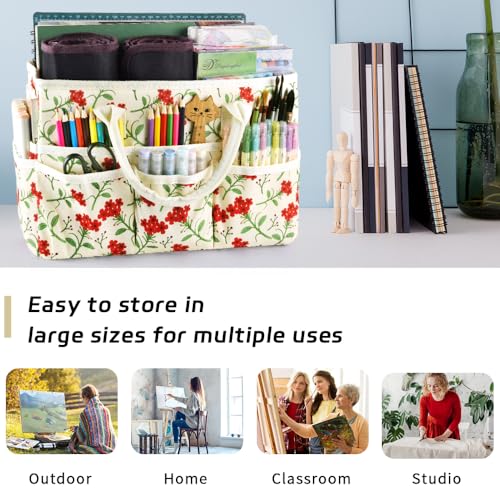 Craft Organizer Tote Bag with Multiple Pockets,Scrapbooking Art Storage - color: Red Flower