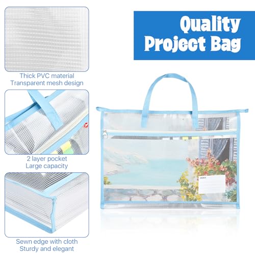 4 Pcs A3 Project Bag, Craft Storage Organizer for Quilters, Clear Mesh Sew Project Bag with Handles, Zipper Storage Bag for Art Craft, Wearable Craft, Teaching Material