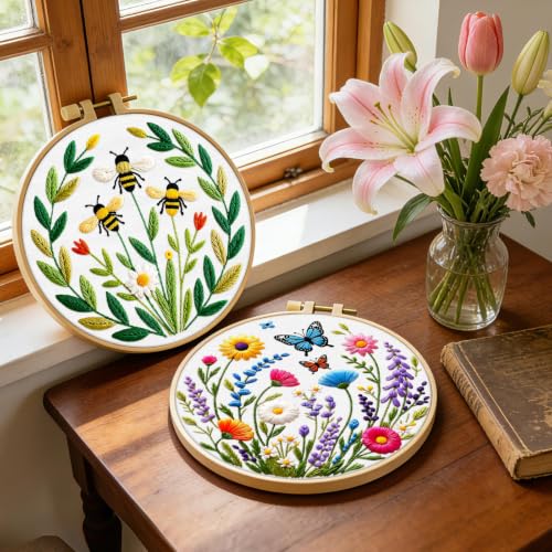 ERKOON 2 Set Embroidery Kit for Adult Beginners Flower Bee Cross Stitch Set - color: Flower Bee