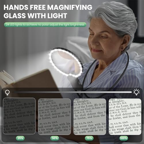 Hands Free Magnifying Glass with Light for Reading, 10X Neck Magnifying Glass with Light for Close Work with Real Glass Lens, Flexible Gooseneck Large Magnifier for Low Vision Elderly, Seniors