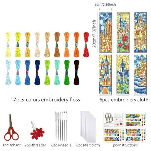 FREEBLOSS 6 Set Cross Stitch Bookmark Kit 11 CT Stamped Cross Stitch Kit DIY Embroidery Bookmark Kits for Adult Beginners with Instructions, Stained Glass Castle Pattern, 6 x 20 cm/8" x 2.4" - style: Colored Glass Castle