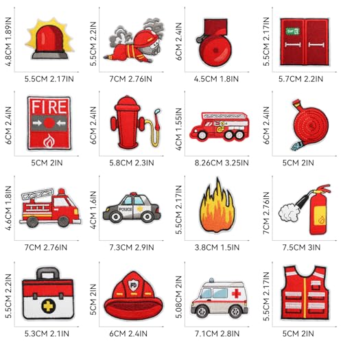 16pcs Firefighter Iron/Sew on Patches, Fireman Firetruck Extinguisher Hydrant Embroidered Applique, DIY Decoration for Clothes, Hat, Bag, Jeans, Dress, Shirt - color: 16pcs Firefighter