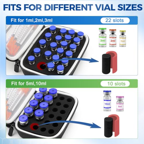 22 Slots Peptide Case for Fridge | Vial Case ｜1ml 2ml 3ml 5ml 10ml Vials - color: Black- 12×3ml+10×(5ml/10ml)