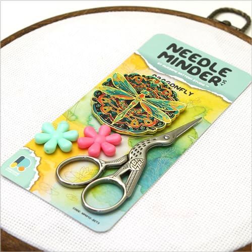 Awesome Pattern Studio Needle Minder Set - Dragonfly Magnetic Needle Minder + 2 Needle Threaders + Crane Scissors. Enamel Pin for Cross Stitch, Embroidery and Craft - size: Dragonfly Set #2