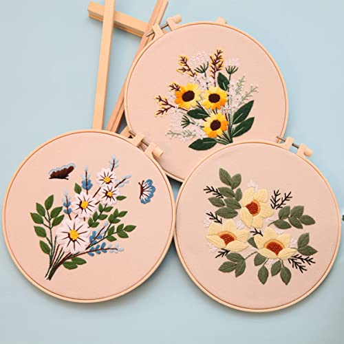 Embroidery Kit for Beginners,Cross Stitch Kits for Adults DIY Craft 3pcs Embroidery Pattern Needlework Fabric Embroidery Thread and Needles 1pcs Embroidery Hoop Adult Stitch Stuff Sewing Kit Gift - color: Flower