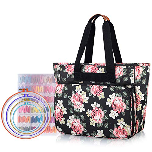 Yarwo Embroidery Project Bag with Multi Pockets for Cross Stitch Supplies - color: Black Peony