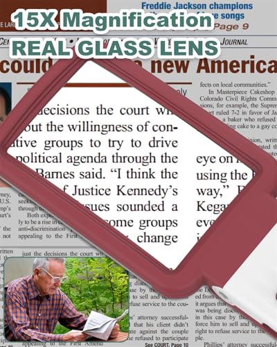 15X Magnifying Glass with Light and Stand, Rechargeable Folding Handheld Real Glass Magnifier, 3 Color Modes Dimmable Lighted Page Magnifying Sheet for Seniors Low Vision Small Prints - Red White - color: Red-white