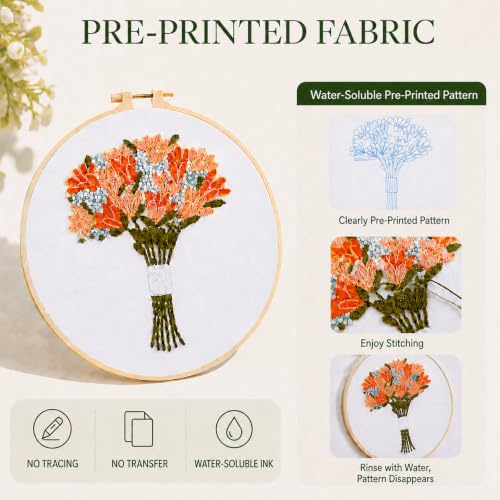 Flower Bouquet Embroidery Kit Beginners, DIY Hand Embroidery Set with Hoop