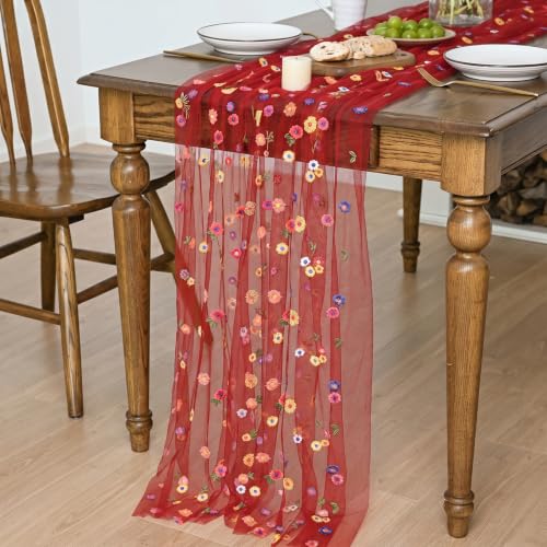 Horaldaily Christmas Red Embroidery Tablecloth, 60×60 Inch Square - color: Deep Red, size: 60" x 60" (Square)