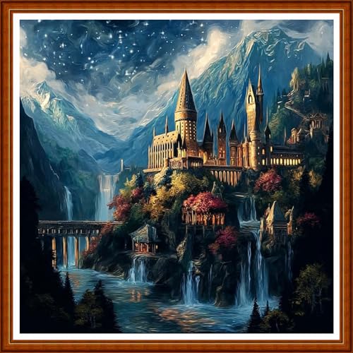 Funart Stamped Cross Stitch Kits for Beginners Full Range of Cross Stitching Preprinted Embroidery Kits for Adults, 11CT Embroidery Pattern Needlepoint Kits-Mountain Magic Castle 18x18 inch - color: ColorArt64
