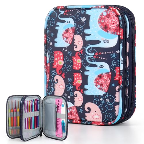 Katech Portable Travel Crochet Hooks Case w/Zippe Pocket Elephant Pattern - color: Elephant Pattern