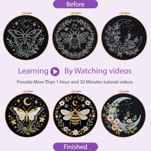 Uniartfy 3 Sets Butterfly Bee Moon Embroidery Kits for Beginners, DIY Cross Stitch Starter Craft Kit for Adults, Needlepoint Kits Including Cloth with Flower Plant Pattern, Hoop, Tools, Instructions - color: Embroidery Kit-O