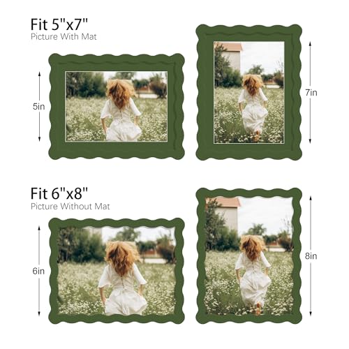 6x8 Picture Frame with Mat for 5x7, Wavy Edge Wooden Real Glass Photo Frame for Tabletop and Wall Hanging, Green, 1 Pack - color: Green, size: 6x8 in