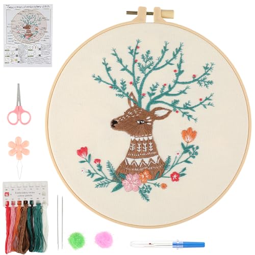 Beginner Deer Embroidery Kit for Adults, Pre-Printed with Video Tutorial - color: Deer