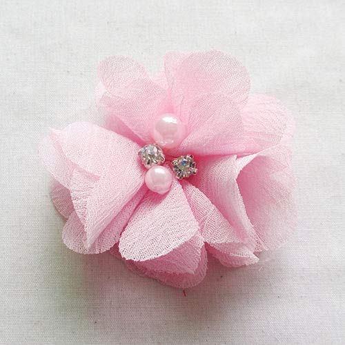 Chenkou Craft Pack of 12pcs Chiffon Flowers Ribbon Bows W/Beads 2-3/8" (60mm) Appliques Wedding Decor Bulk Lots (Pink) - color: Pink