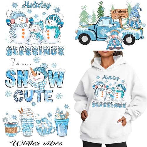 4PCS Christmas Iron on Patches Baby Blue Theme Ready to Press Decal Cute Snowman Santa Dwarf Car Design Heat Transfer Vinyl HTV Decals Xmas Iron on Transfer Stickers for Clothes T-Shirt DIY Craft - color: R