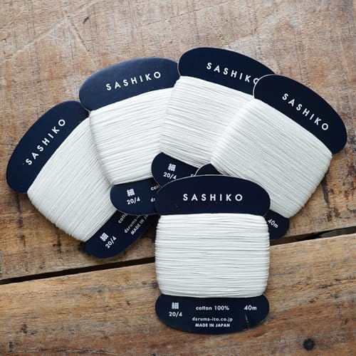 Sashiko kit, Daruma Sashiko Thread, Needles and Cotton Fabric with Grid Line Print, Marking Pencil, Thimblem and Traditional Design Sewing Set (Unbleached Thread/Navy Fabric) - style: Unbleached Thread / Navy Fabric