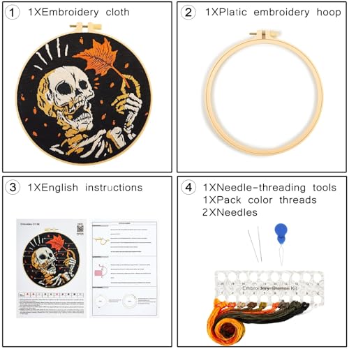 Crafmanoe Halloween Gothic Embroidery Starter Kit for Beginners Adults, Skull Skeleton Stamped Cross Stitch Kits for Beginners Adults, Funny Fall Hand Embroidery Needlepoint Kits with Video Tutorial - color: H833, size: 8Inch