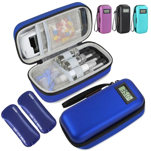 Medineed Temperature Display Insulin Travel Case, 2PCS Ice Packs, Blue - color: Blue