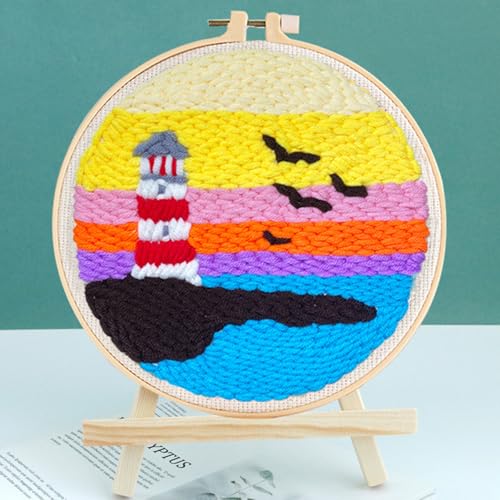 Woohome Punch Needle Kit Included Plastic Hoops, Punch Needle Cloth, Color Yarn and Punch Needle Tools for Adults, Beginners (Lighthouse and Sunset) - color: Color 27