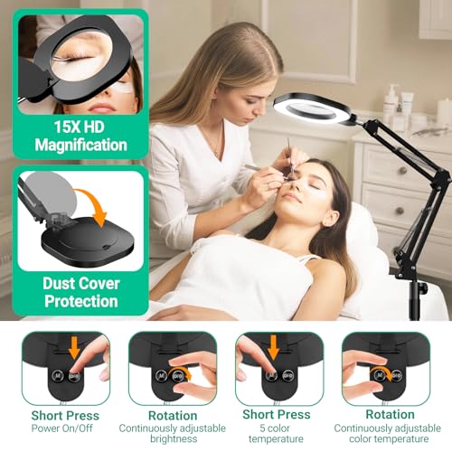 15X Real Glass Magnifying Lamp, 3-in-1 LED Desk Lamp with Base Clamp & Floor Stand, 5 Color Modes Stepless Dimmable, Adjustable Swing Arm, for Repair, Reading,Crafts,Painting - size: 3 in 1 Lighted Magnifiers(Round)