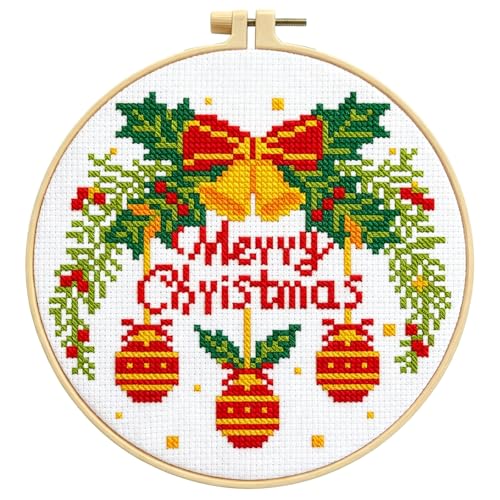 Zhenqing Christmas Bells Cross Stitch Kit with Hoop - 11CT Pre-Printed 24x24cm Fabric & Complete Tools for Beginners (68348) - style: Christmas Bells