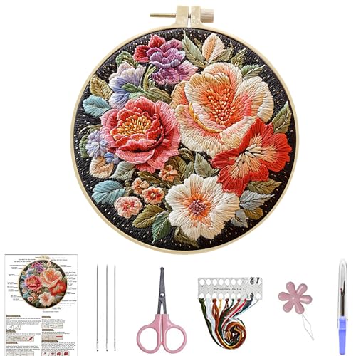ARTopet Embroidery Kit for Beginners Cross Stitch Kits Needlepoint Set Colorful Flowers Patterns Embroidery Thread Kit for Craft Lover Hand Stitch with Hoop Threads Fabric-Flowers02 - color: Flowers02