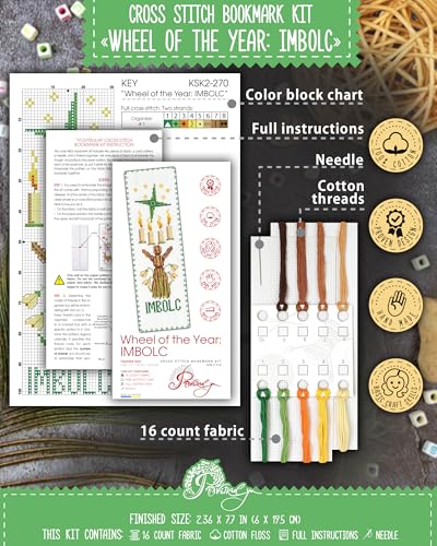 Povitrulya Cross Stitch Bookmark Kit “Imbolc“ – Counted DIY Embroidery Set for Adults & Beginners, Saint Brigid Pagan Irish Gaelic Druid Witchy Spring Craft Gift - color: Imbolc