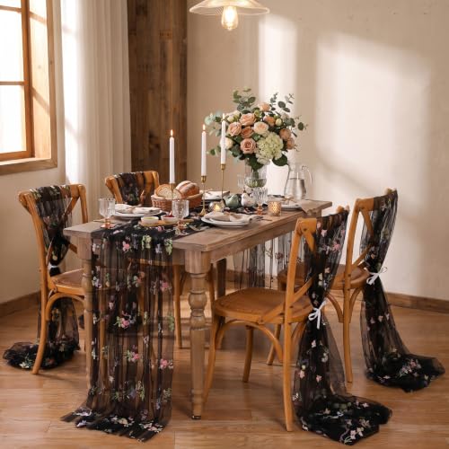 Black Floral Gauze Table Runner 10ft Embroidery Tulle Spring Wildflower - color: Black, size: 27"x120",1pc