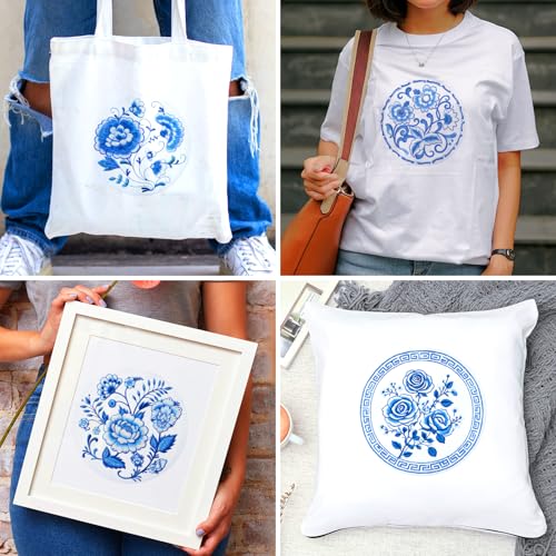 BEUNITONE 4 Set Embroidery Kit for Beginners, Blue Flower Cross Stitch Kits, Needlepoint Kits for Adults with Instructions and Full Kit, Classical Hand Embroidery Patterns for Cloth and Home Decor - style: B-Blue Flower