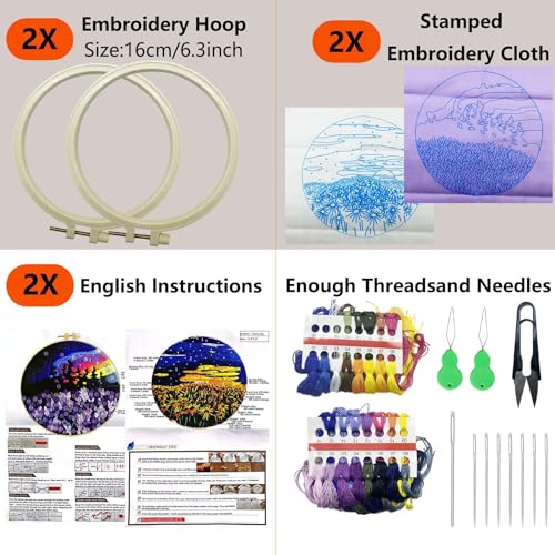 Allazone 2 Sets Embroidery Kit for Beginners, Stitch Practice Kits for Craft Lover Hand Stitch with Embroidery Fabric with Stamped Pattern, Starter Stitch Kits Suitable for Adults (Sunset) - color: Sunset
