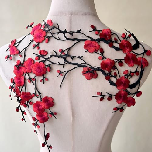 2pcs Iron on Plum Flower Applique Red Color Embroidery Vine of Floral for Clothing,Costumes - color: Red