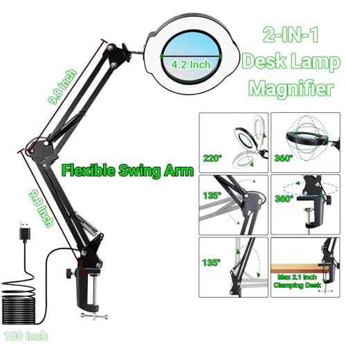 15X Magnifying Glass with Light and Clamp, 5 Color Modes 10 Levels Adjustable Brightness, 2-in-1 Desk Lamp with Clamp, Hands Free Magnifier with Dust Cover for Craft Hobby Reading Repair Close Works