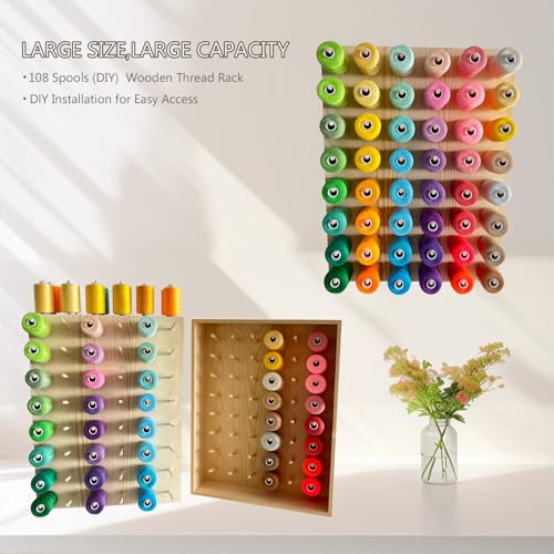 108-Spool Pine Wood Thread Holder with Side Drawer
