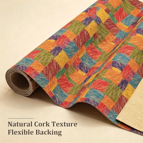 SorenCut Cork Fabric Roll 12 x 52 Inch – Colorful Squares Print Cork Leather Fabric for Earrings, Bow Making, Bags, Wallets & DIY Sewing Projects – Vegan Leather Alternative Craft Sheet - color: Colorful Squares