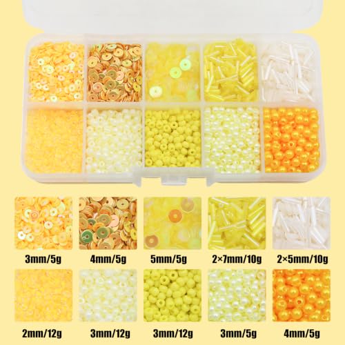 10 Color Small Assorted Glass Seed Beads, Loose Sequins (Yellow) - color: Yellow