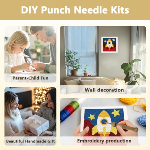 Doodlream Cartoon Rocket Needle Kit for Beginner, 9.4"x 9.4" Space Flame Punch Stitching Craft Set, Color DIY Embroidery Starter with Printed Frame, Instruction, Threader, Yarn, Pinch Needle - color: Rocket