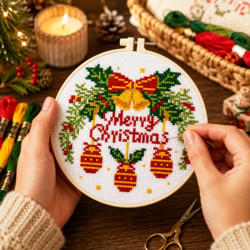 Zhenqing Christmas Bells Cross Stitch Kit with Hoop - 11CT Pre-Printed 24x24cm Fabric & Complete Tools for Beginners (68348) - style: Christmas Bells