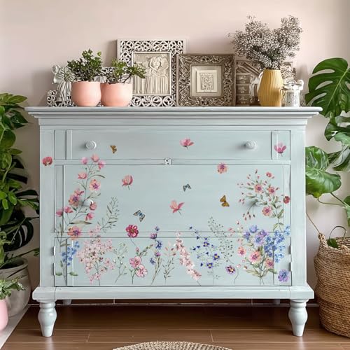 Vintage Floral Rub on Transfer for Furniture Large Flower UV DTF Transfer Sticker for Wood Glass Home Decor, Summer Wild Flowers Butterfly - style: Summer Wild Flowers Butterfly