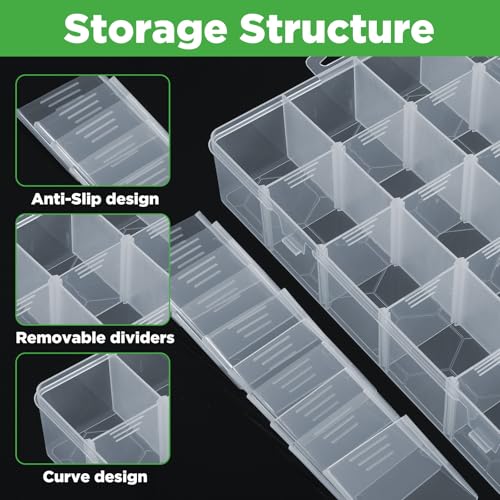 2 Pack 24 Grids Clear Plastic Bead Organizer Box, Fishing Tackle Box Compartment Organizer with Adjustable Dividers for Jewelry, Art Craft, Bead Storage Containers