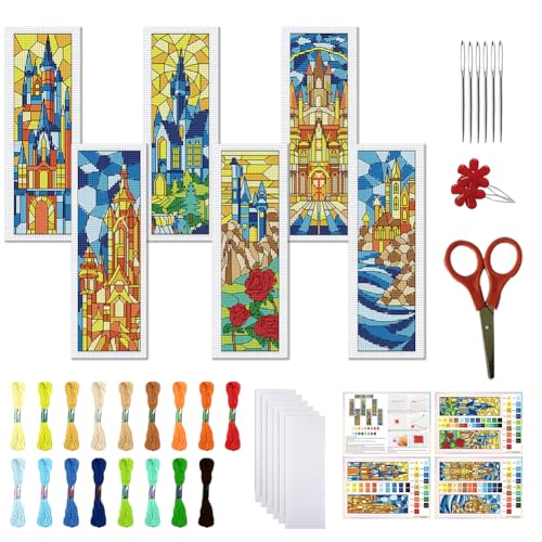 FREEBLOSS 6 Set Cross Stitch Bookmark Kit 11 CT Stamped Cross Stitch Kit DIY Embroidery Bookmark Kits for Adult Beginners with Instructions, Stained Glass Castle Pattern, 6 x 20 cm/8" x 2.4" - style: Colored Glass Castle