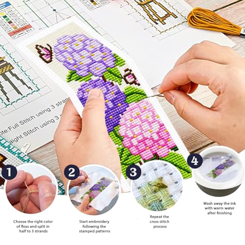 ORIGACH 6 Set Hydrangea Cross Stitch Bookmark Kit for Beginner - style: Hydrangea