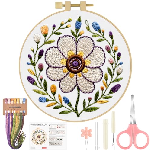 ERKOON Embroidery Kit for Beginners Adult, Cross Stitch Set Include Embroidery Cloth Hoop Threads for Craft Lover Hand Stitch with Embroidery Skill Techniques (Flower) - color: Flower