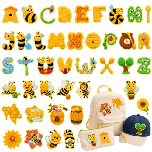 Cinrobiye 38 Pcs Bee Patches Self Adhesive Honey Bee Honeycomb Sunflower A to Z Alphabet Applique Preppy Cute Bee Themed Chenille Letter Patches Stick on for Clothing Hats Bags Fabric DIY Crafts - style: Bee