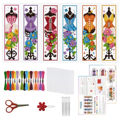 ORIGACH 6 Set Mannequin with Flowers Cross Stitch Bookmark Kit for Beginner - style: Mannequin with Flowers