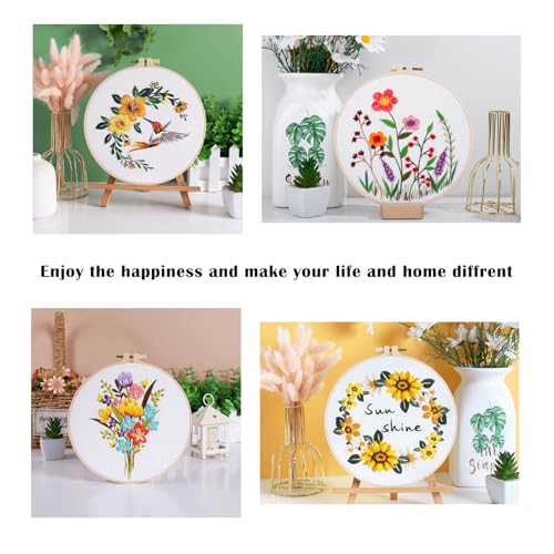 Vigdit 4 Pack Embroidery Kit for Beginners, Needlepoint Cross Stitch Kit for Adult Beginner, Easy DIY Hand Embroidery Starter Kit with Stamped Floral Pattern Embroidery Hoop Tools and Instruction