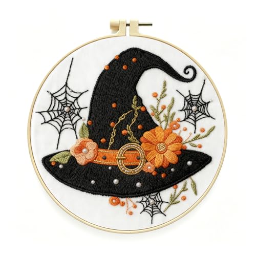 Zhenqing Halloween Witch Hat Embroidery Kit for Beginners, Black Witch Hat Needlework Kit with Pre-Printed Cotton Fabric, Hoop, Threads & Tools, Spooky Fall Decor (C0119) - style: Halloween Witch Hat