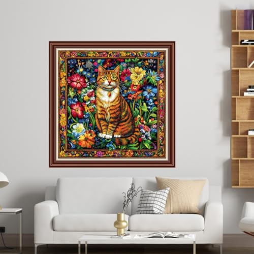 Dimensean Counted Cross Stitch Kit for Beginners, 11CT Unprinted Cross-Stitch Kit Easy Patterns Needlepoint Kit Cross Stitching Embroidery Kit Supplies-Magical Cat Flower 18x18 inch - color: DIYColor11