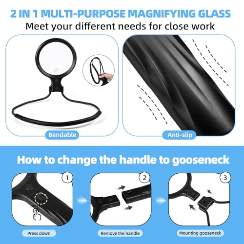 Dilzekui 5X&10X Neck Handheld 2-in-1 Magnifying Glass for Reading w/Light - color: Black
