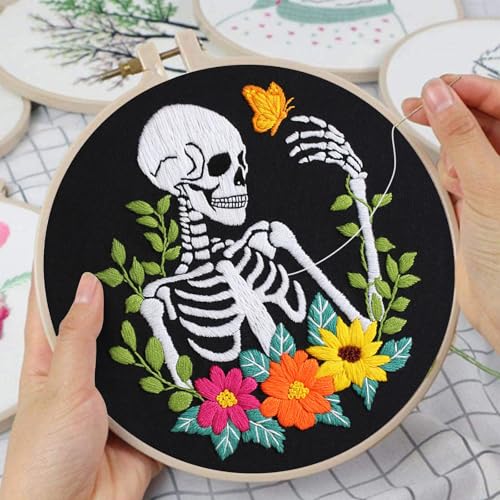 Louise Maelys 3 Pack Embroidery Kit for Beginners Floral Halloween DIY - color: Floral Skeleton